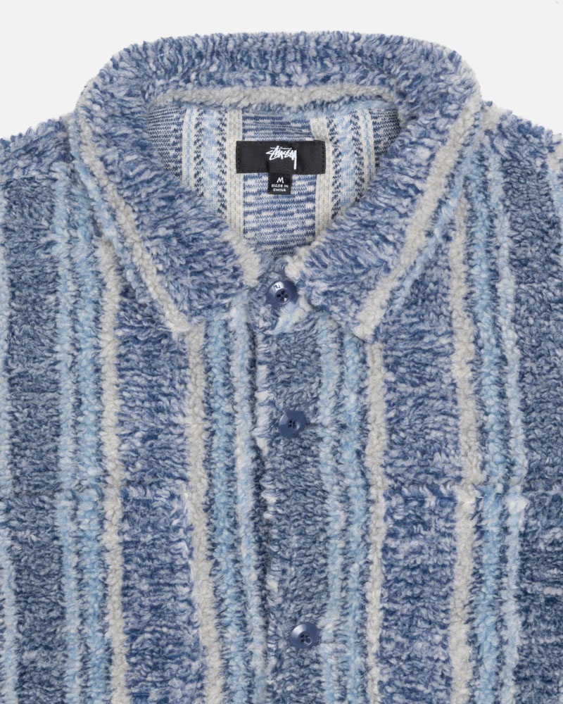 Indigo Stüssy Striped Sherpa Shirts | USA OSVTQH429