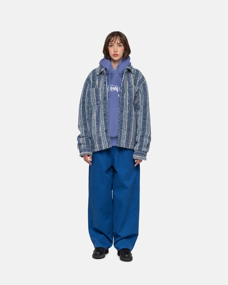 Indigo Stüssy Striped Sherpa Shirts | USA OSVTQH429