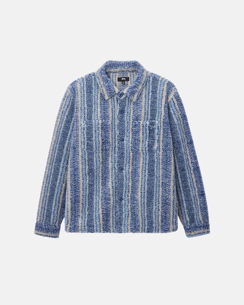 Indigo Stüssy Striped Sherpa Shirts | USA OSVTQH429