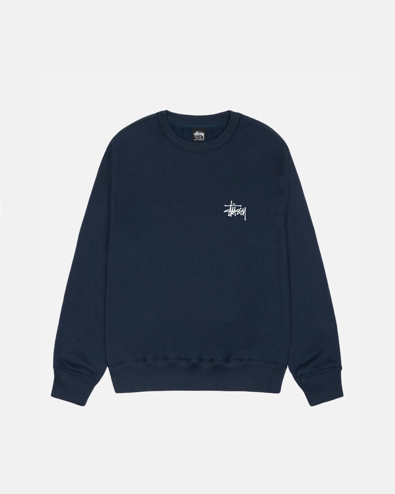 Navy Stüssy Basic Crew Sweatshirt | USA XMKDUT793