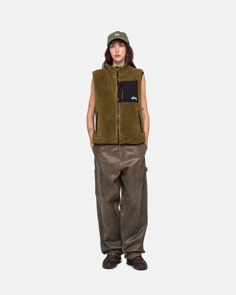 Olive Stüssy Sherpa Reversible Vest | USA TWEXZK893