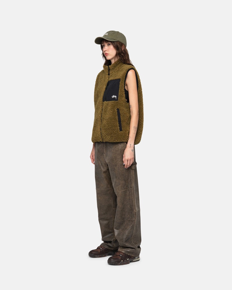 Olive Stüssy Sherpa Reversible Vest | USA TWEXZK893