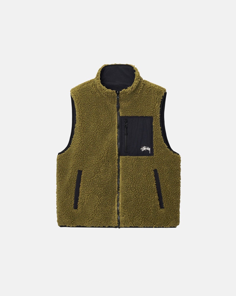 Olive Stüssy Sherpa Reversible Vest | USA TWEXZK893