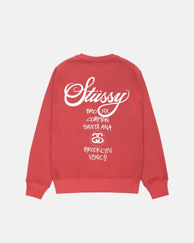 Red Stüssy World Tour Crew Sweatshirt | USA WFPNGT236