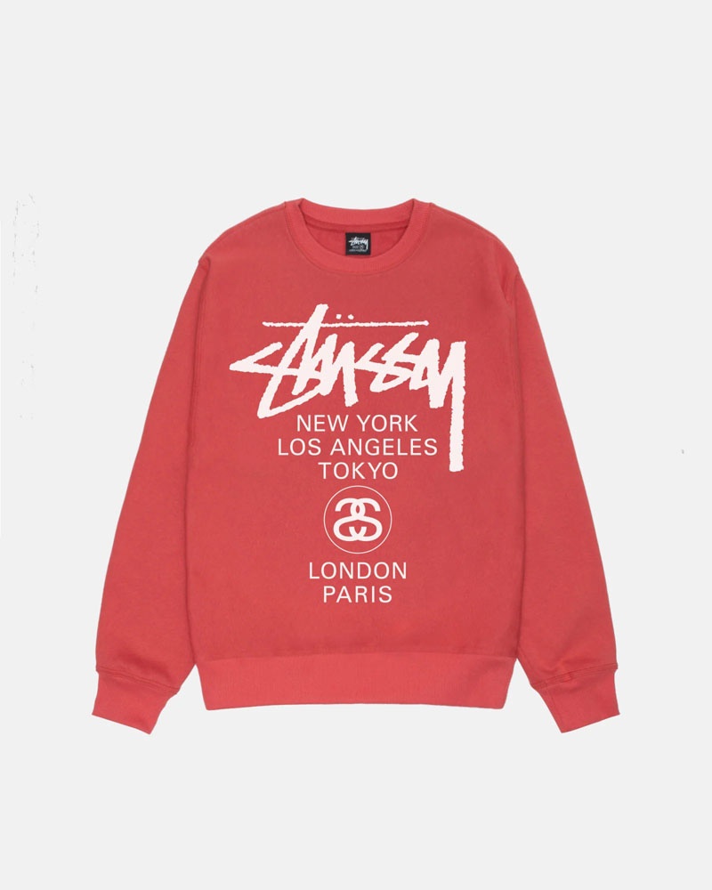 Red Stüssy World Tour Crew Sweatshirt | USA WFPNGT236