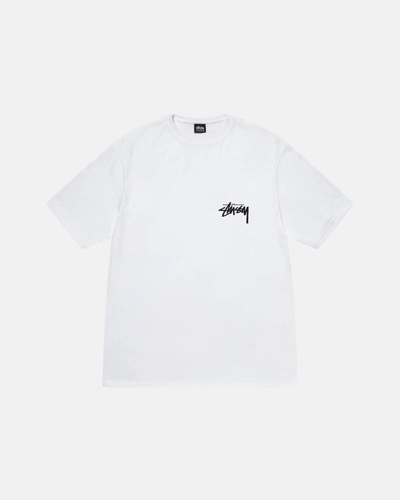 White Stüssy Burning Stock T-Shirts | USA IDUPTA961