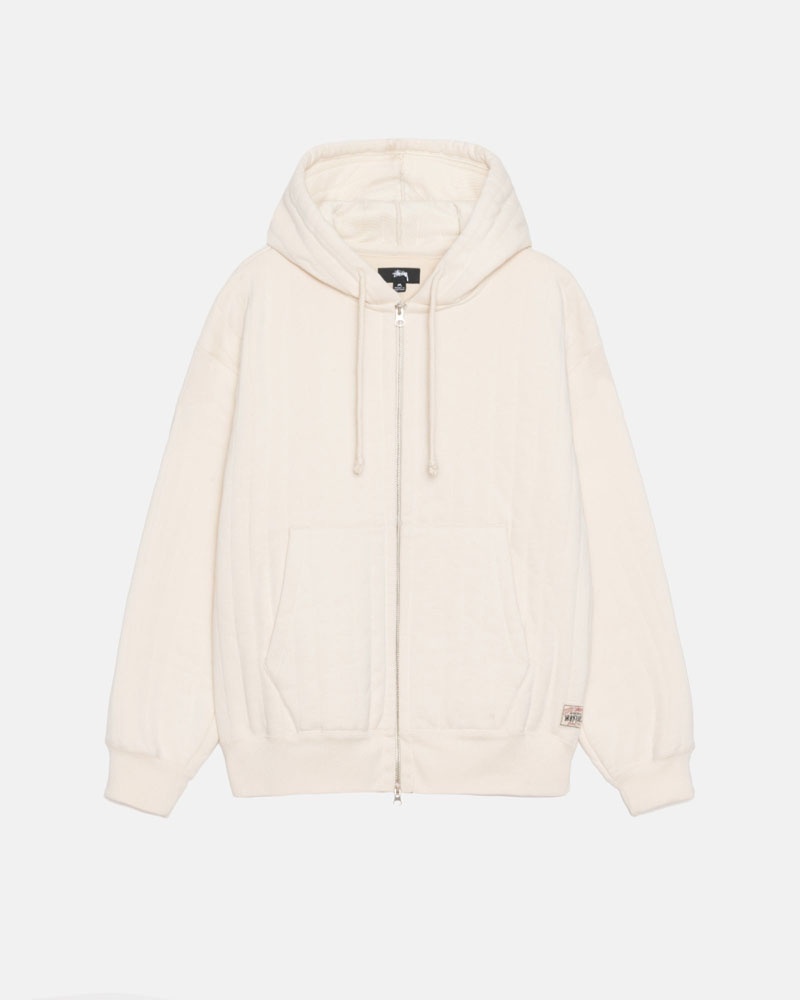 White Stüssy Vertical Quilted Zip Hoodie | USA QVOJNA739