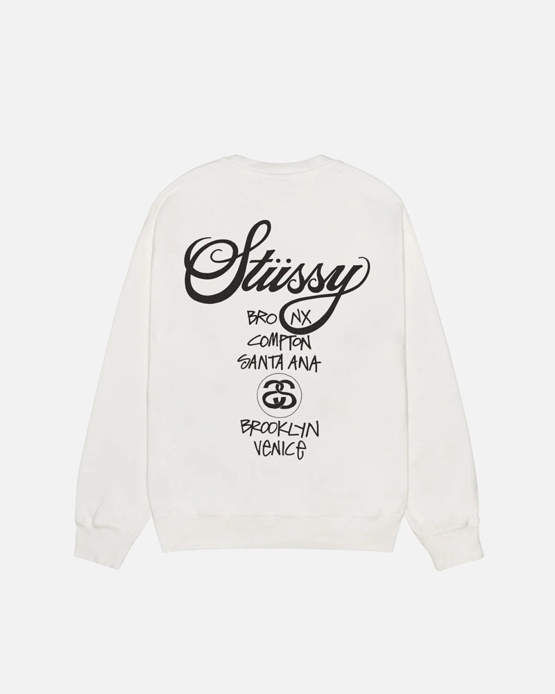 White Stüssy World Tour Crew Pigment Dyed Sweatshirt | USA XLQYEK937