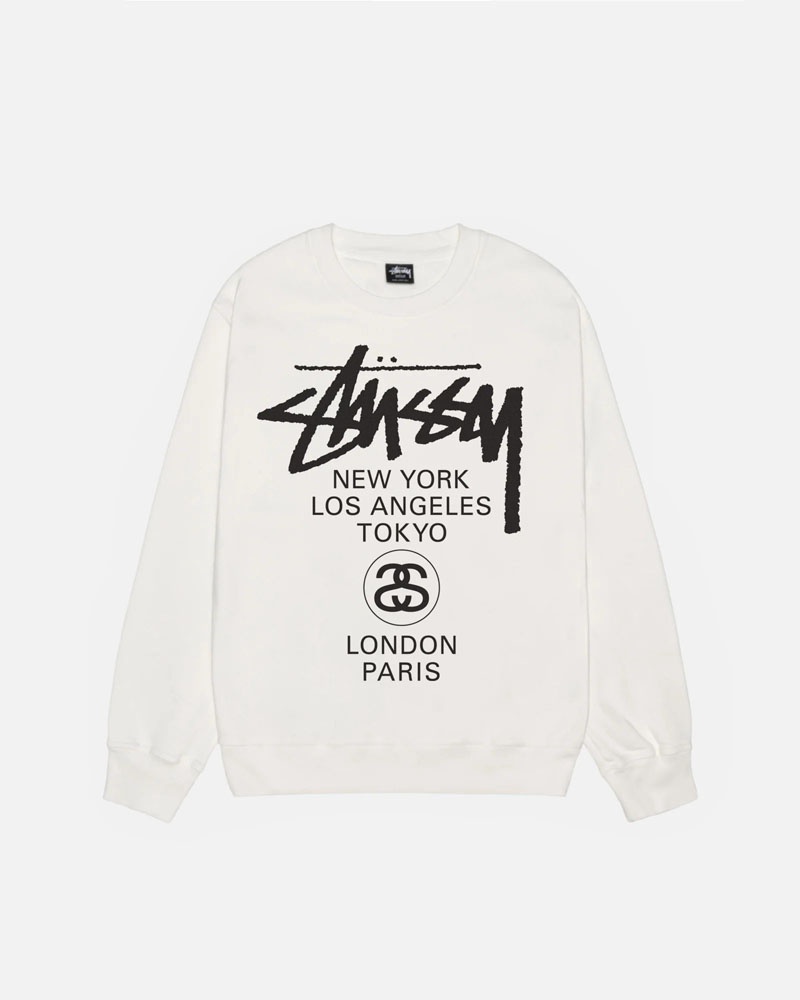 White Stüssy World Tour Crew Pigment Dyed Sweatshirt | USA XLQYEK937