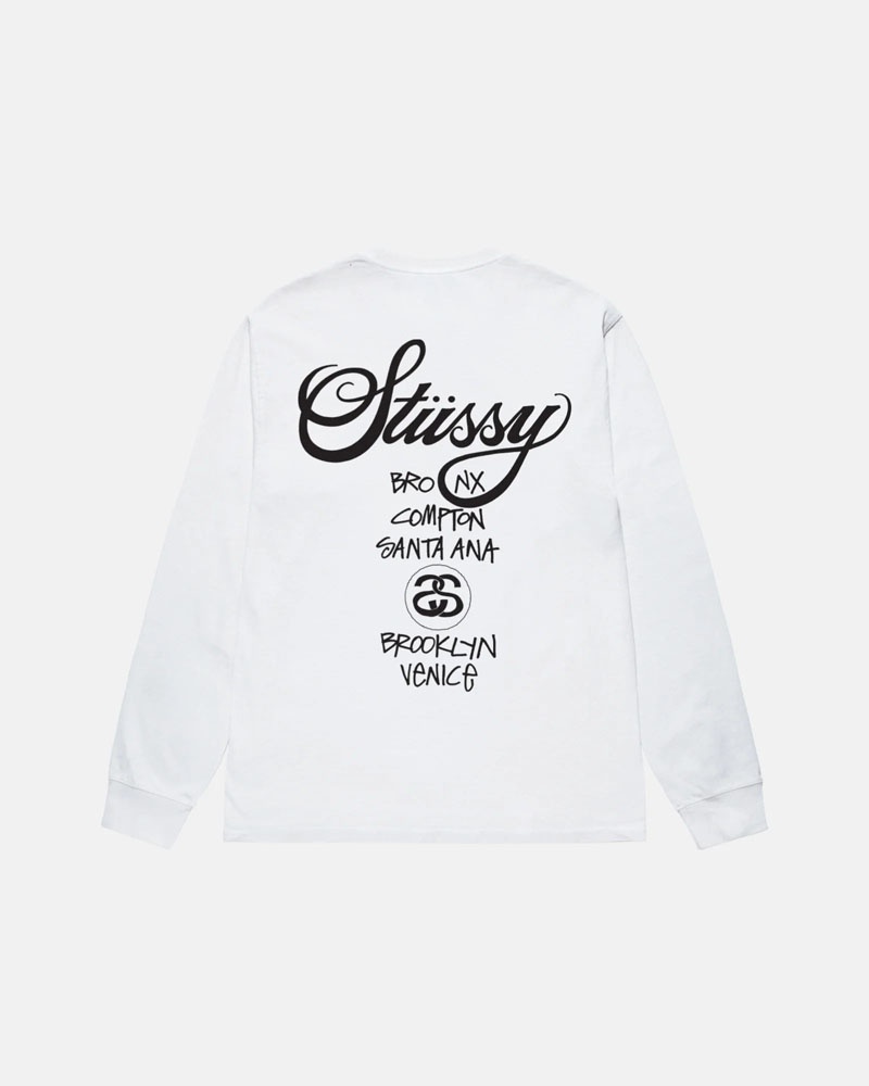 White Stüssy World Tour LS T-Shirts | USA GOJRBD806