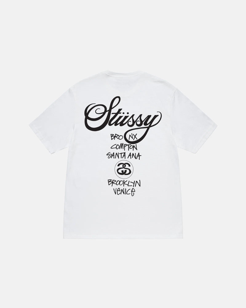 White Stüssy World Tour T-Shirts | USA YKDMSQ176