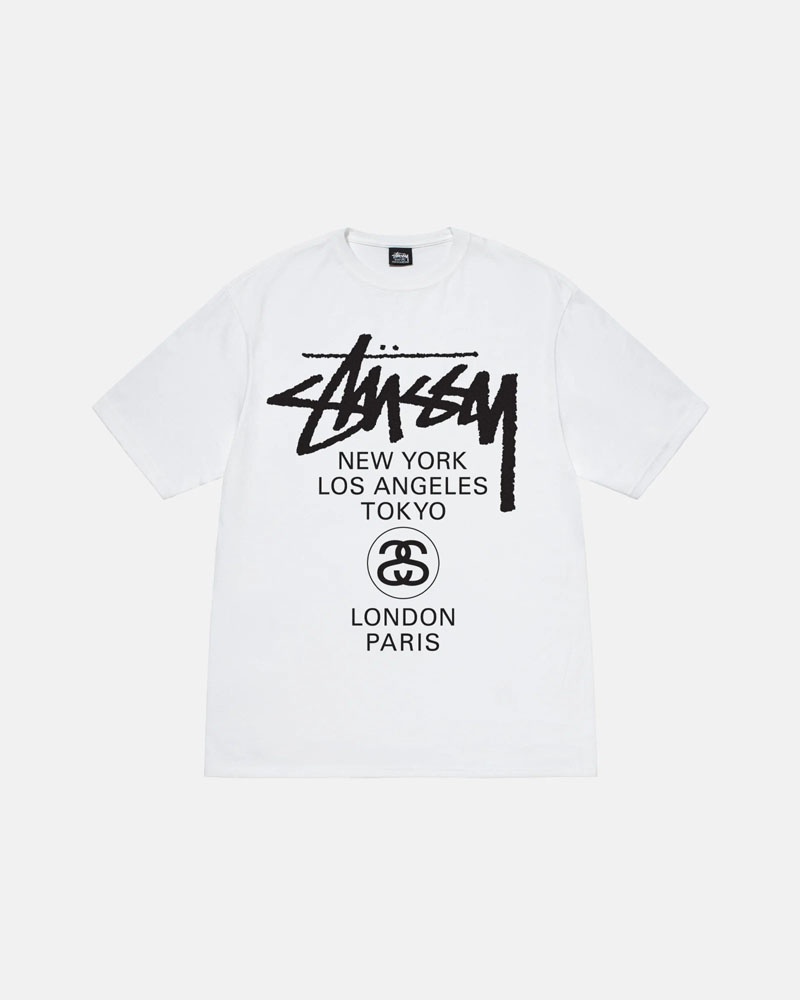 White Stüssy World Tour T-Shirts | USA YKDMSQ176